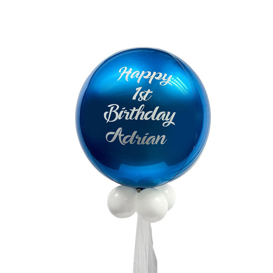 Castle Balloons Blue Orbz Balloon with White Vinyl Writing