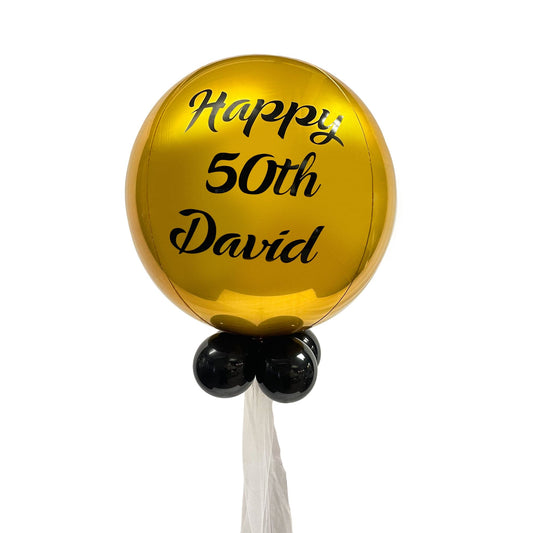 Castle Balloons Gold Orbz Balloon with Black Vinyl Writing